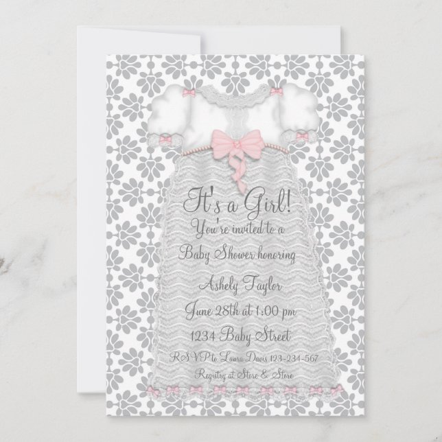 Pink Grey Damask Baby Girl Shower Invitation (Front)