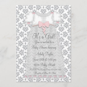 Pink Grey Damask Baby Girl Shower Invitation