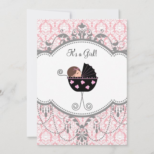 Pink Grey Damask Baby Girl Shower Invitations (Front)