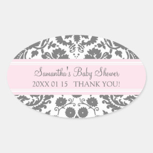 Pink Grey Damask Baby Shower Favour Stickers