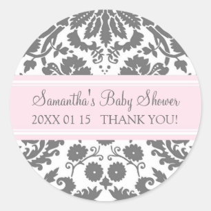 Pink Grey Damask Baby Shower Favour Stickers