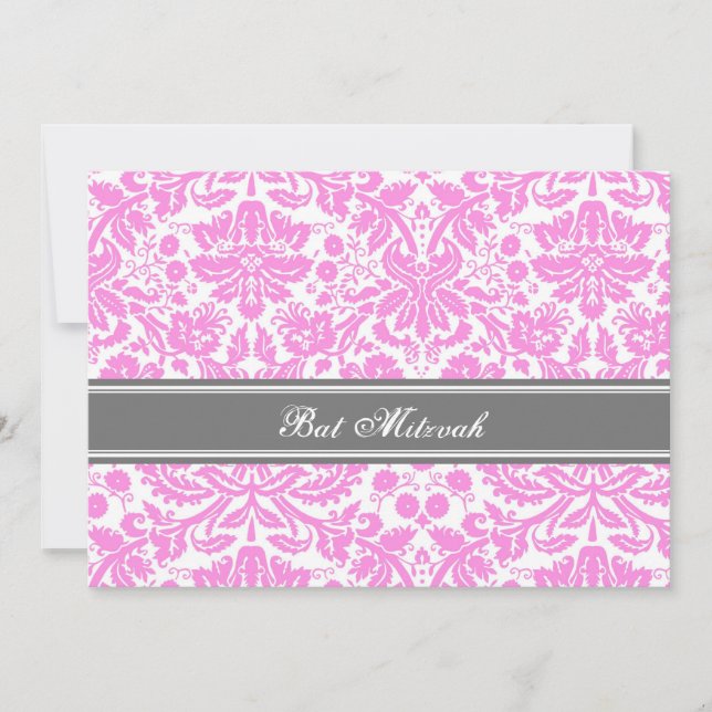 Pink Grey Damask Bat Mitzvah Invitations (Front)