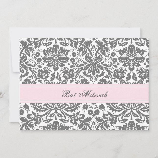 Pink Grey Damask Bat Mitzvah Invitations (Front)