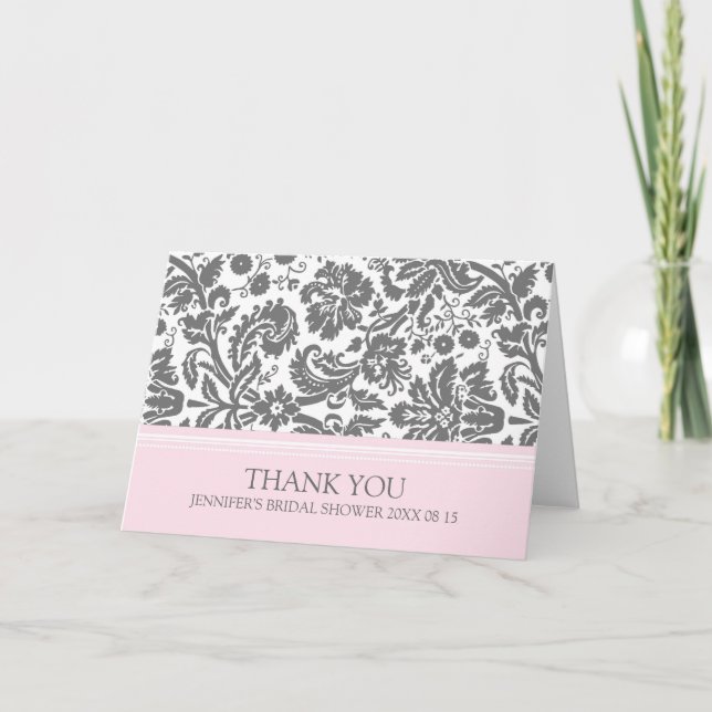 Pink Grey Damask Bridal Shower Thank You Card (Front)