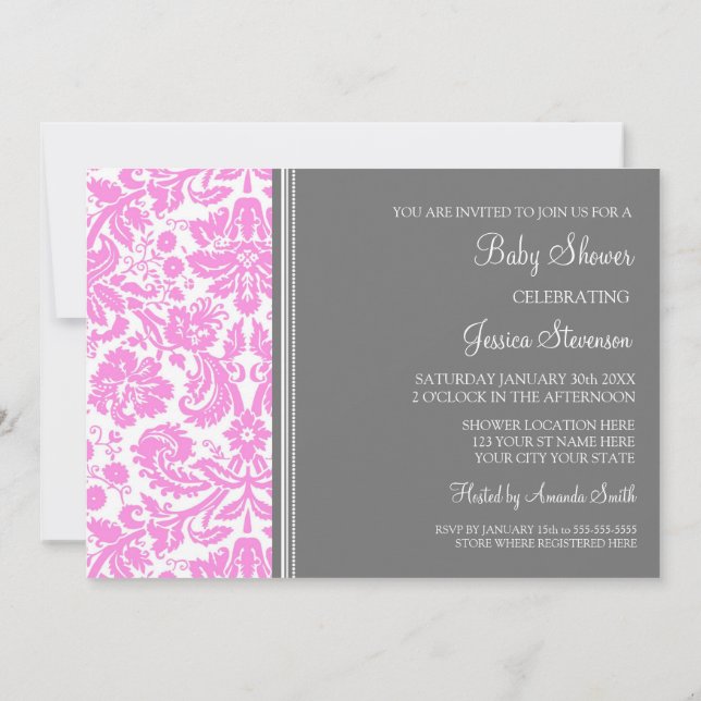 Pink Grey Damask Custom Baby Shower Invitations (Dos)