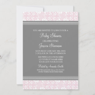 Pink Grey Damask Custom Baby Shower Invitations