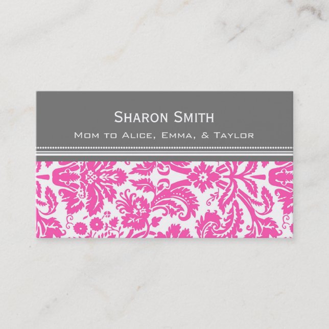 Pink Grey Damask Mom Calling Cards (Front)