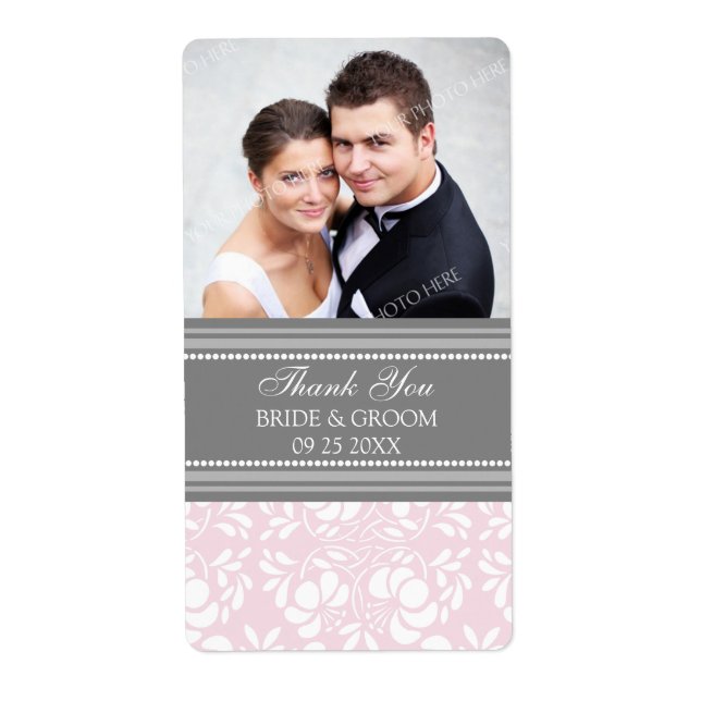 Pink Grey Damask Photo Wedding Labels (Front)
