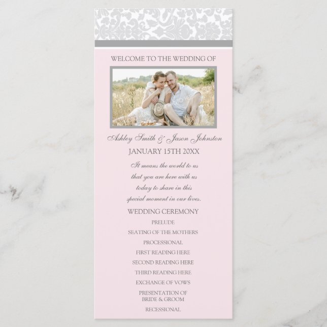 Pink Grey Damask Photo Wedding Programme (Devant)