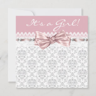 Pink Grey Damask Pink Grey Baby Girl Shower Invitation