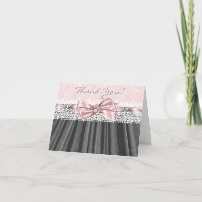 Pink Grey Damask Pink Grey Thank You Cards (Front)
