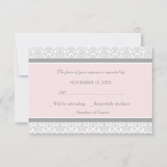 Pink Grey Damask RSVP Wedding Card (Front)