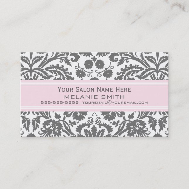 Pink Grey Damask Salon Appointment Cards (Front)
