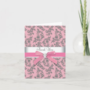 Pink Grey Damask Thank You Cards