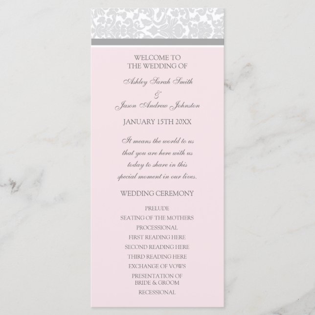 Pink Grey Damask Wedding Program (Front)