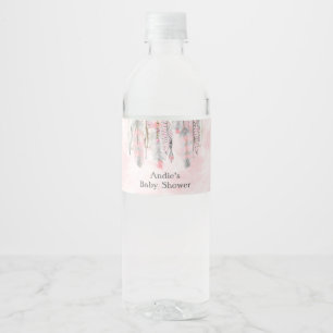 Pink Grey Dream Catcher Feathers Boho Water Bottle Label