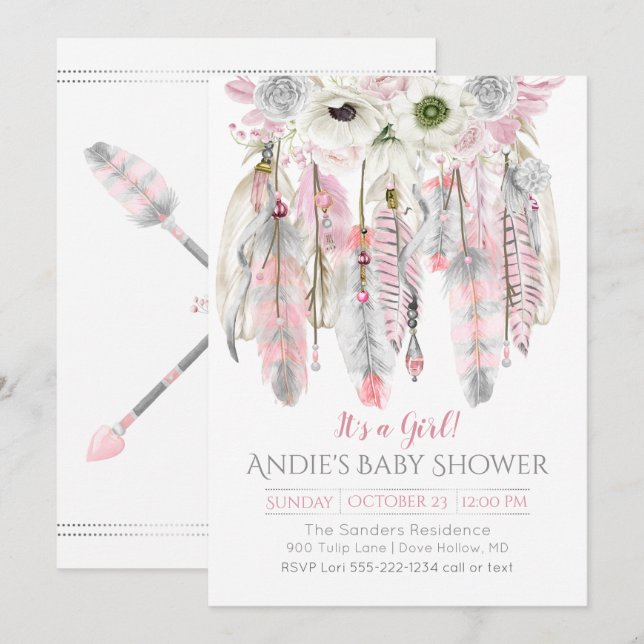 Pink Grey Dream Catcher Floral Feathers Arrows Invitation (Front/Back)