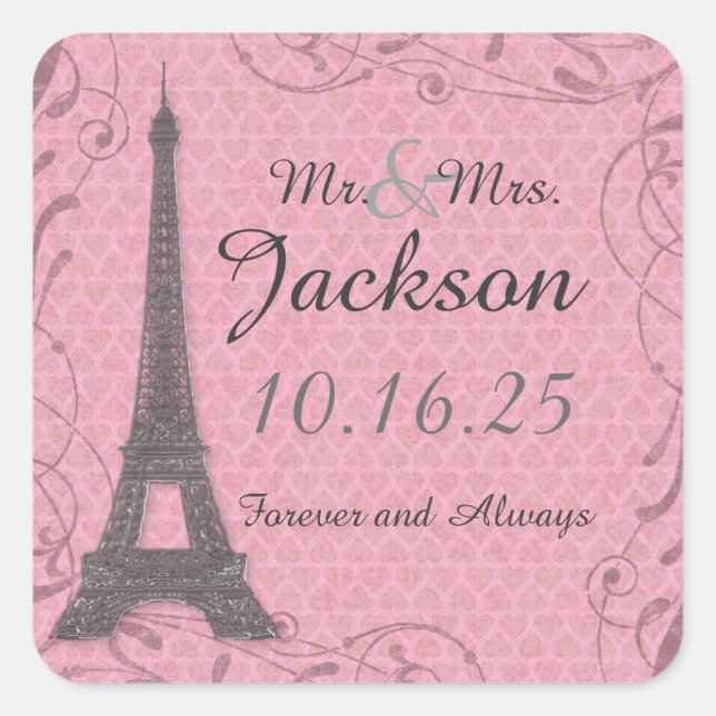Pink grey Eiffel Tower custom wedding stickers (Front)