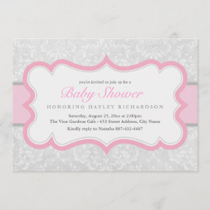 Pink & Grey Elegant Damask Baby Shower Invite