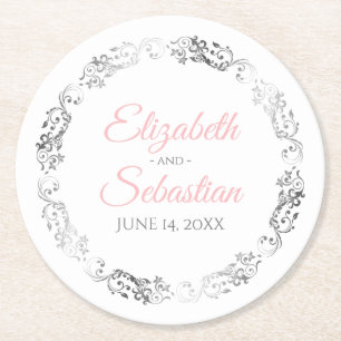 Pink & Grey Elegant Floral Filigree Wedding Round Paper Coaster