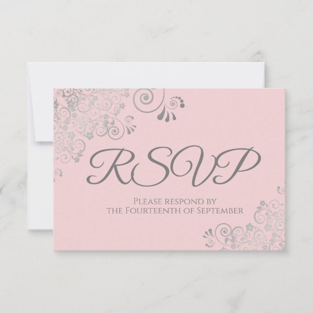 Pink & Grey Elegant Silver Lace Frills Wedding RSVP Card (Front)