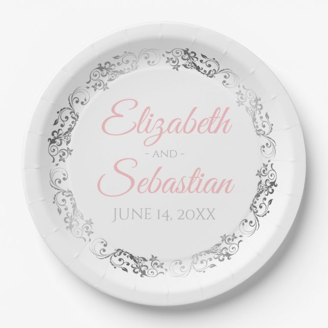 Pink & Grey Elegant Wedding Paper Plates (Front)