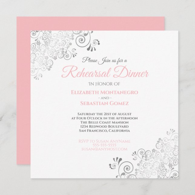 Pink & Grey Elegant Wedding Rehearsal Dinner Invitation (Front/Back)