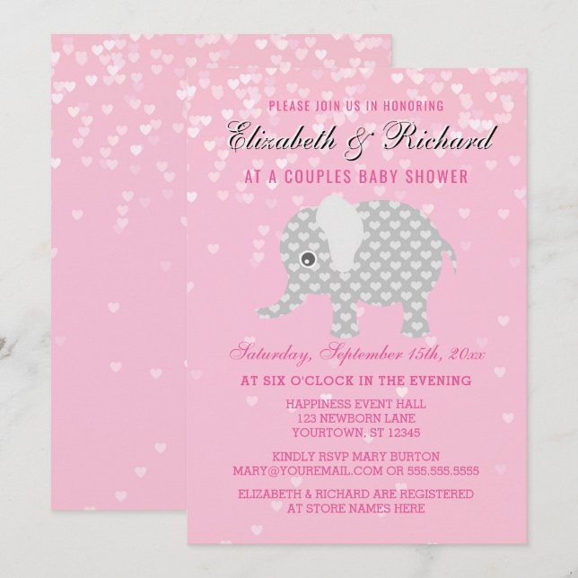 Pink Grey Elephant Hearts Couples Girl Baby Shower Invitation (Front/Back)