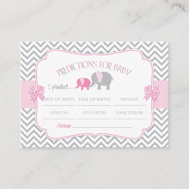 Pink & Grey Elephant Predictions Baby Shower Card (Front)