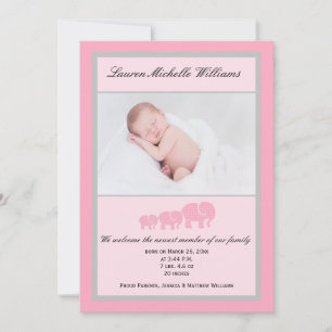 Pink Grey Elephants Baby Girl Photo Birth Announcement