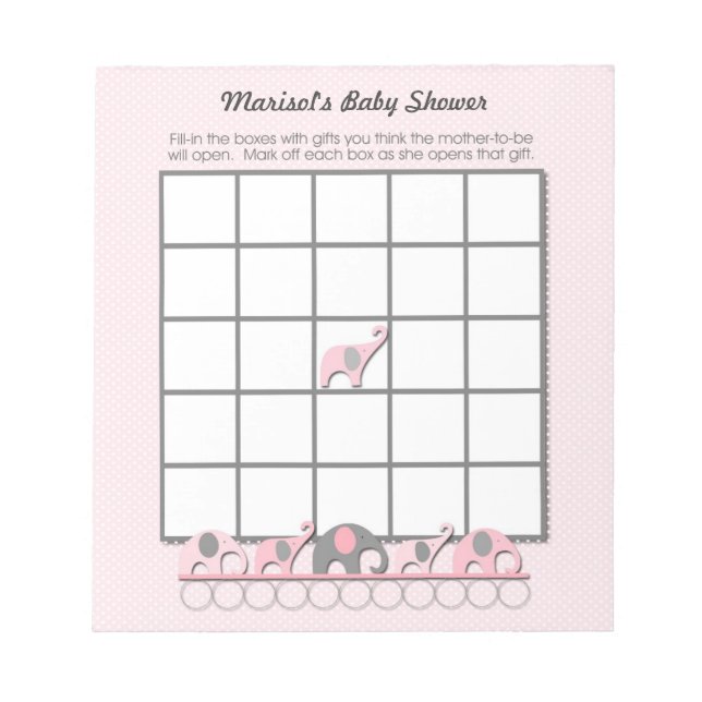 Pink Grey Elephants Baby Shower Bingo Game pad (Front)