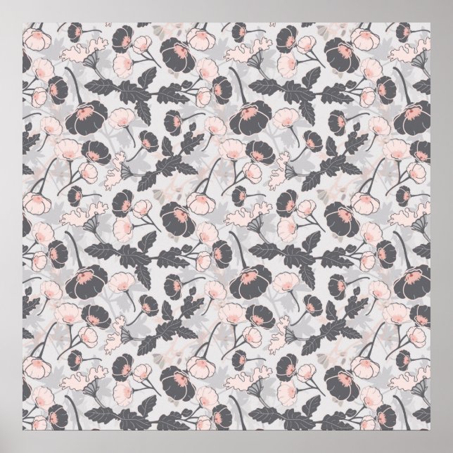 Pink Grey Feminine Floral Pattern Poster (Front)