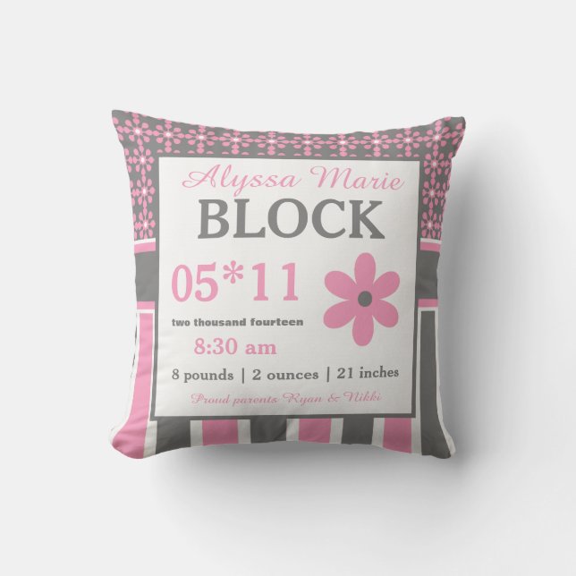 Pink Grey Floral Baby Announcement Pillow (Front)