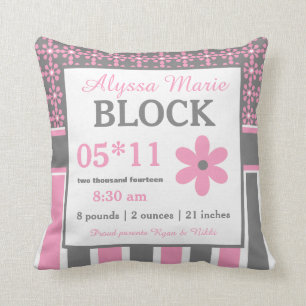 Pink Grey Floral Baby Announcement Pillow