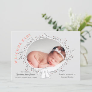 Pink Grey Floral Bunny Baby Girl Birth Announcement