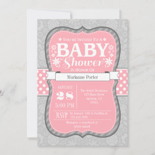 Pink Grey Floral Flower Baby Shower Invitation
