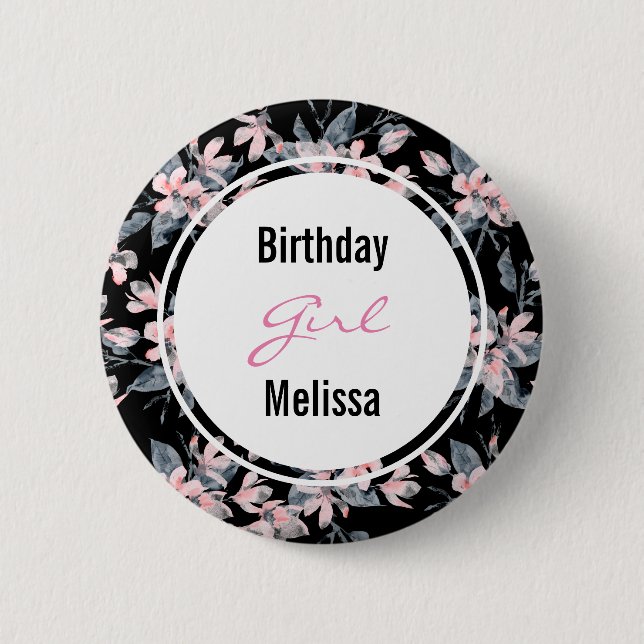 Pink & Grey Floral Pattern Birthday Girl 2 Inch Round Button (Front)