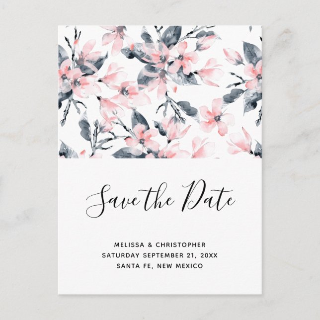 Pink & Grey Floral Pattern Save the Date Invitation Postcard (Front)