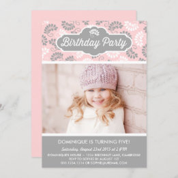 Pink & Grey Floral Photo Kids Birthday Invitation