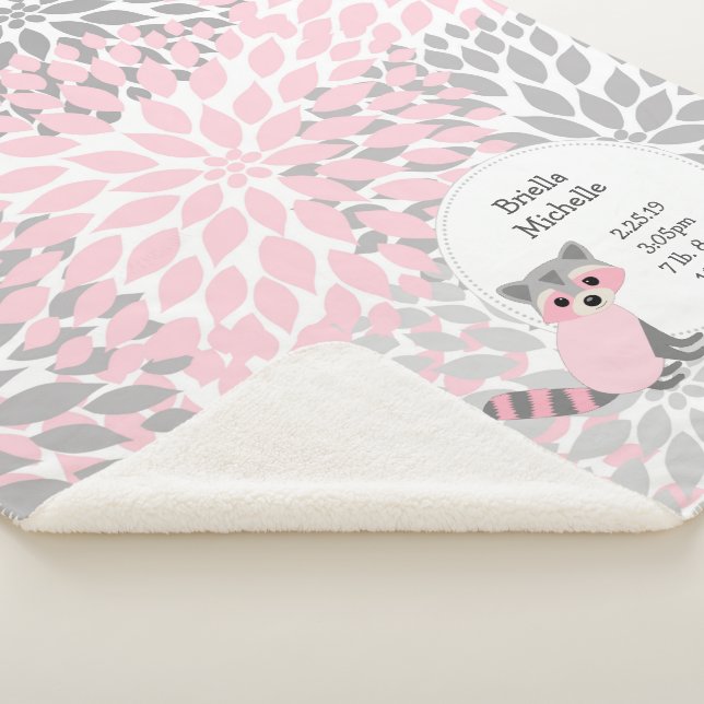 Pink grey floral raccoon baby girl birth stats sherpa blanket (3/4)