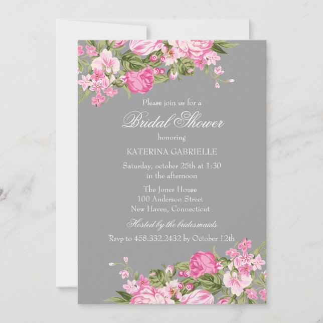 Pink Grey Floral Shabby Chic Bridal Shower Invite (Front)