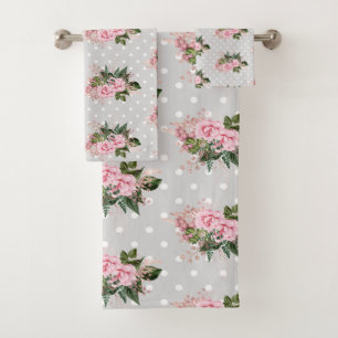 PINK GREY FLORAL SPOT BATHROOM TOWEL SET