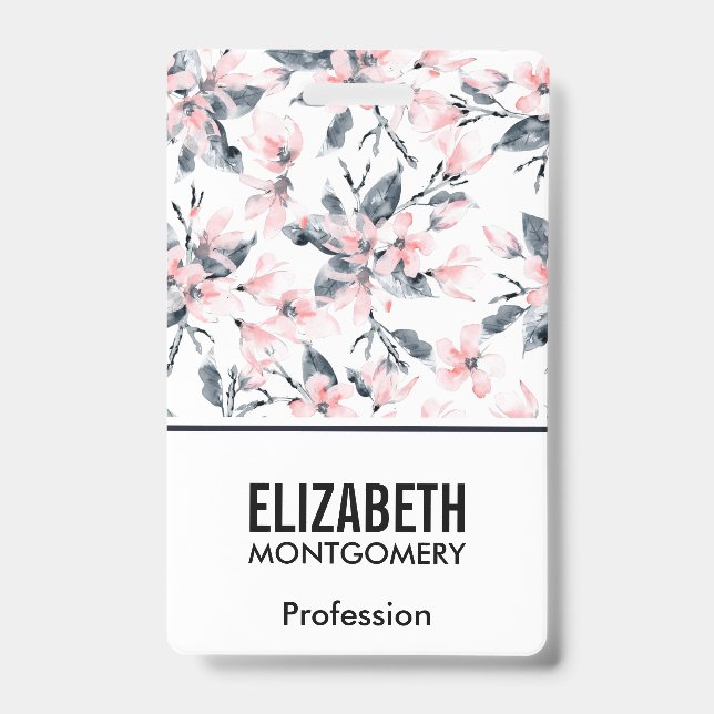 Pink & Grey Floral Watercolor Pattern Badge (Front)