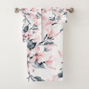 Pink & Grey Floral Watercolor Pattern Bath Towel Set