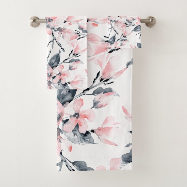 Pink & Grey Floral Watercolor Pattern Bath Towel Set (Insitu)