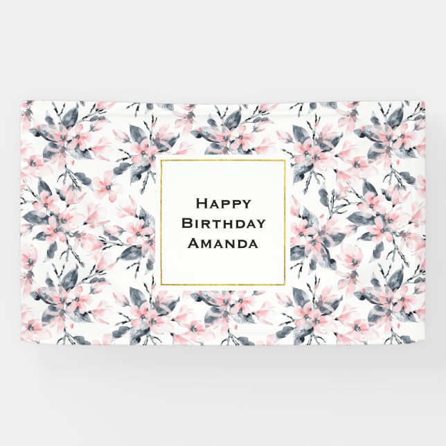 Pink & Grey Floral Watercolor Pattern Birthday Banner (Horizontal)