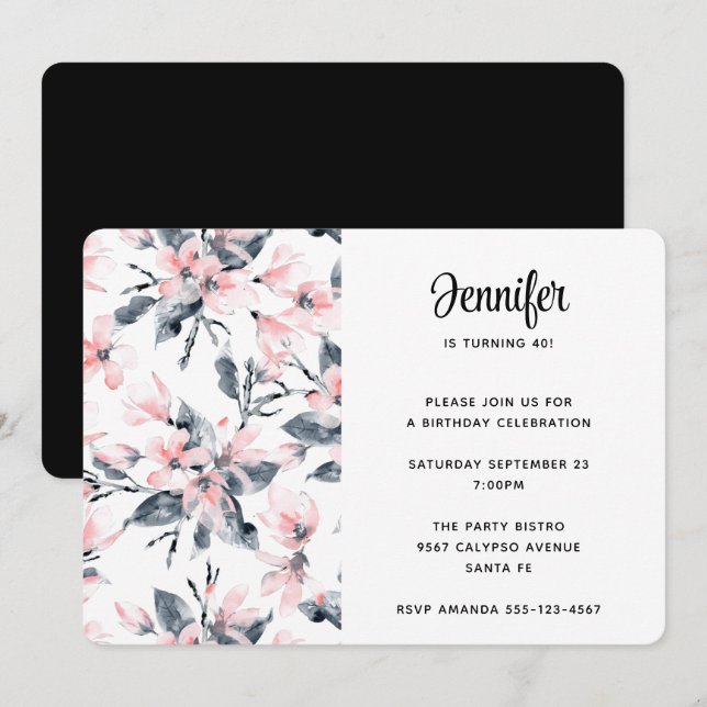 Pink & Grey Floral Watercolor Pattern Birthday Invitation (Front/Back)