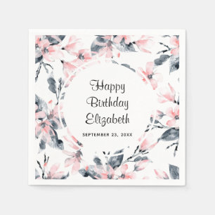 Pink & Grey Floral Watercolor Pattern Birthday Napkin