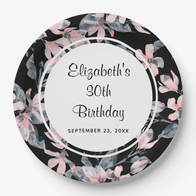 Pink & Grey Floral Watercolor Pattern Birthday Paper Plate (Front)