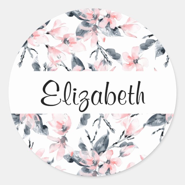 Pink & Grey Floral Watercolor Pattern Classic Round Sticker (Front)